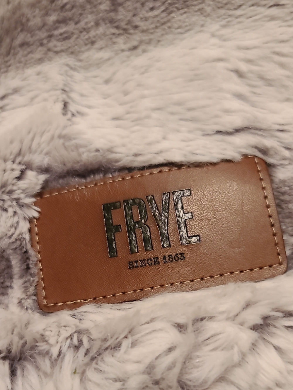Frye Brown Leather Logo Patch on Gray Faux Fur